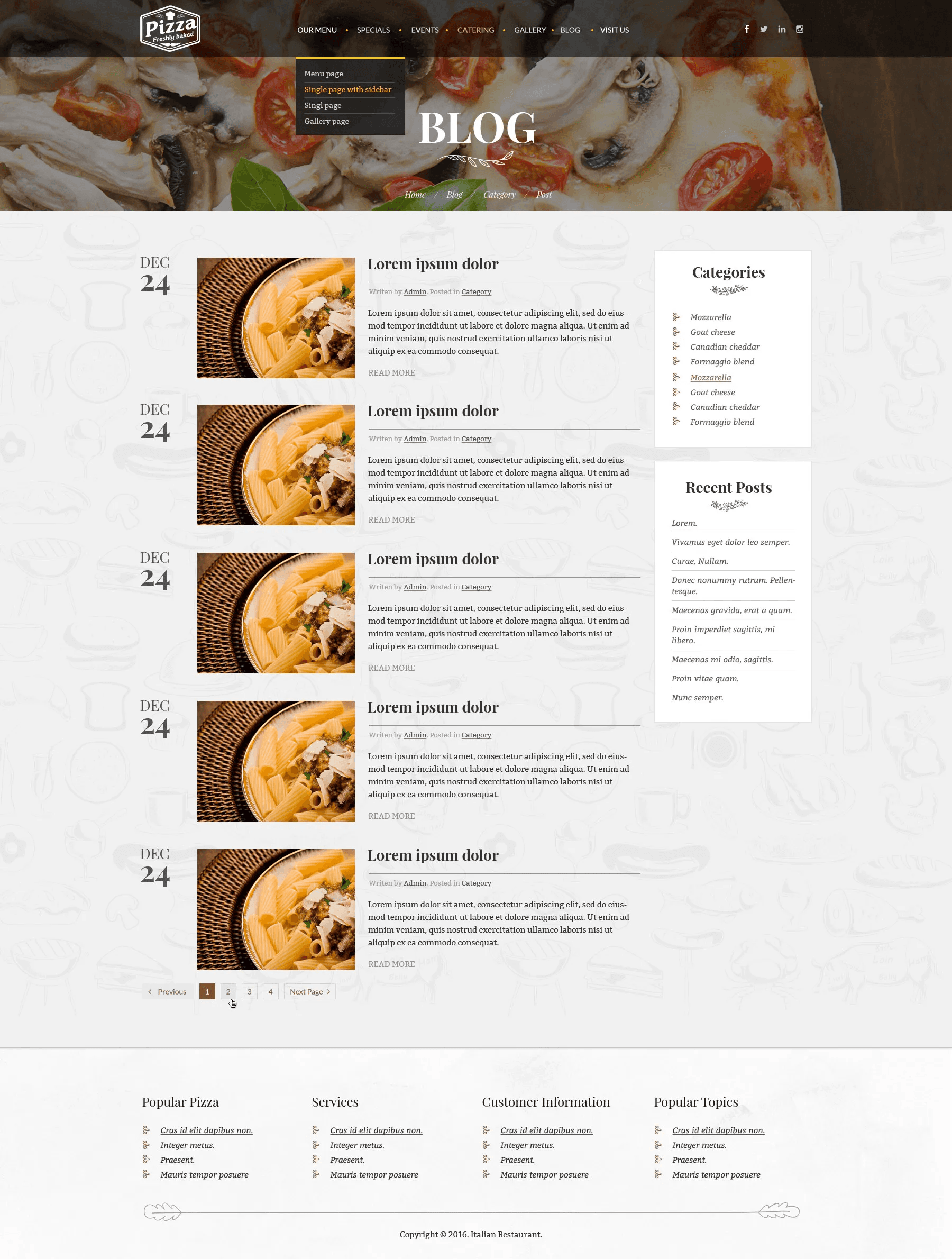 Restaurant blog banner with pizza ingredients.