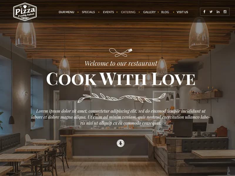 Warm restaurant interior with hanging lights and wood textures.